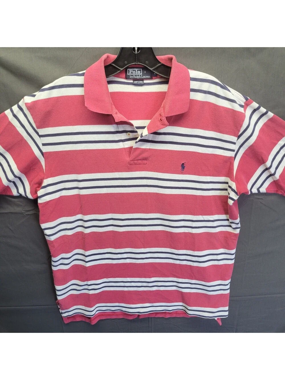 Men's Polo by Ralp Lauren Pink, White with Black 3 Stripe Polo Shirt Sz Large
